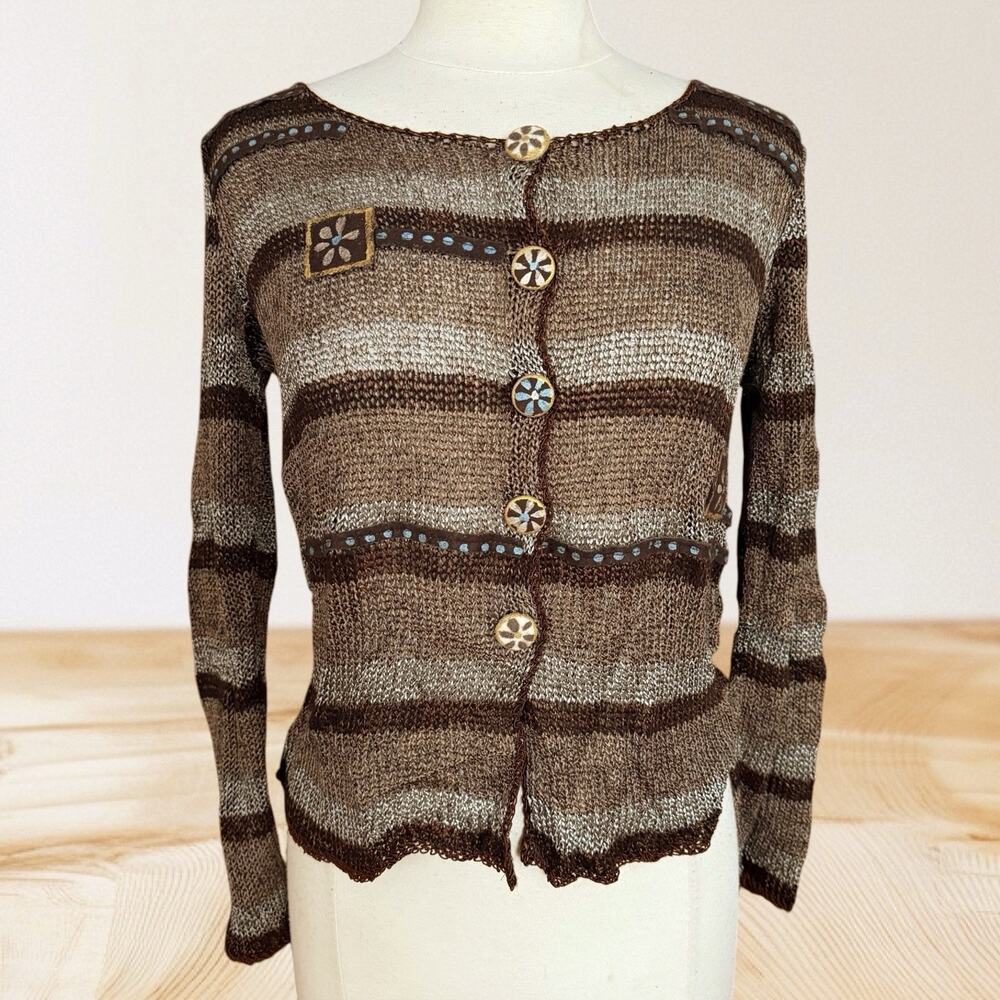 Double U Design Israel Cardigan Sweater Sz‎ L Art to Wear Unique Buttons Silky